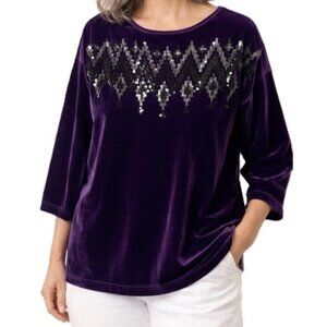 Vintage BOB MACKIE Top Size L Purple Velvet Pullover Silver Sequins Wearable Art
